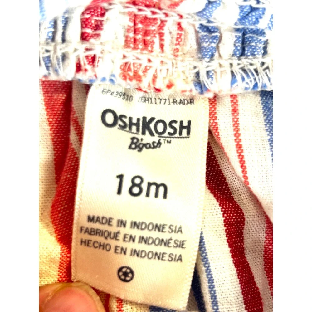 OshKosh Bgosh Baby Girl 18M Red White Blue Striped Linen Blend Smocked Top